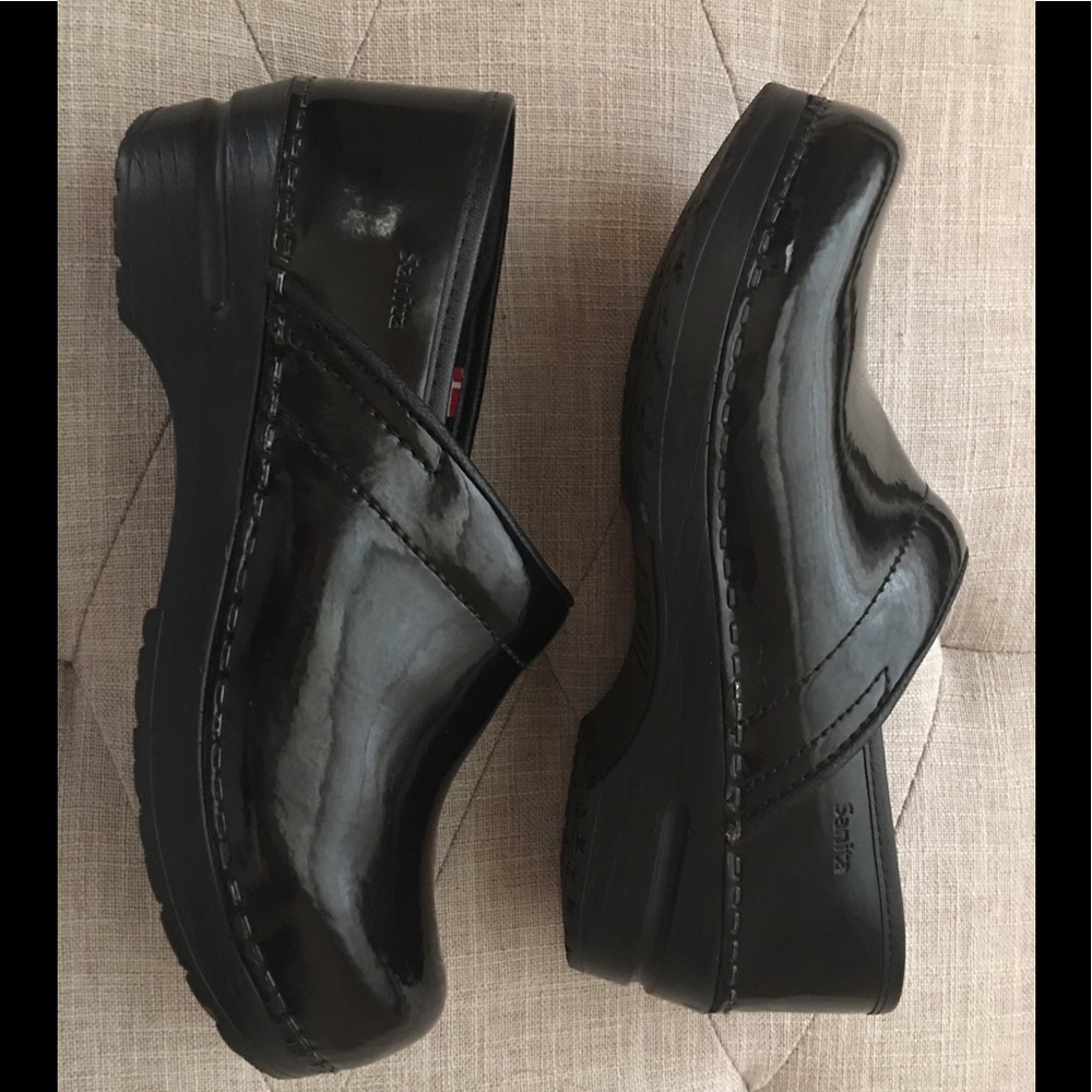 Sanita Black Patent Leather Clogs Size 38